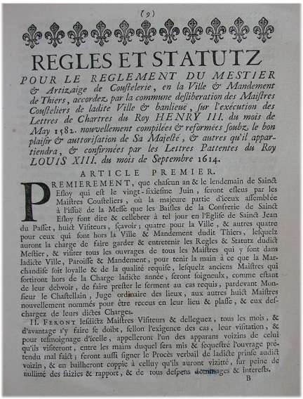 Statuts des couteliers de Thiers - 1614